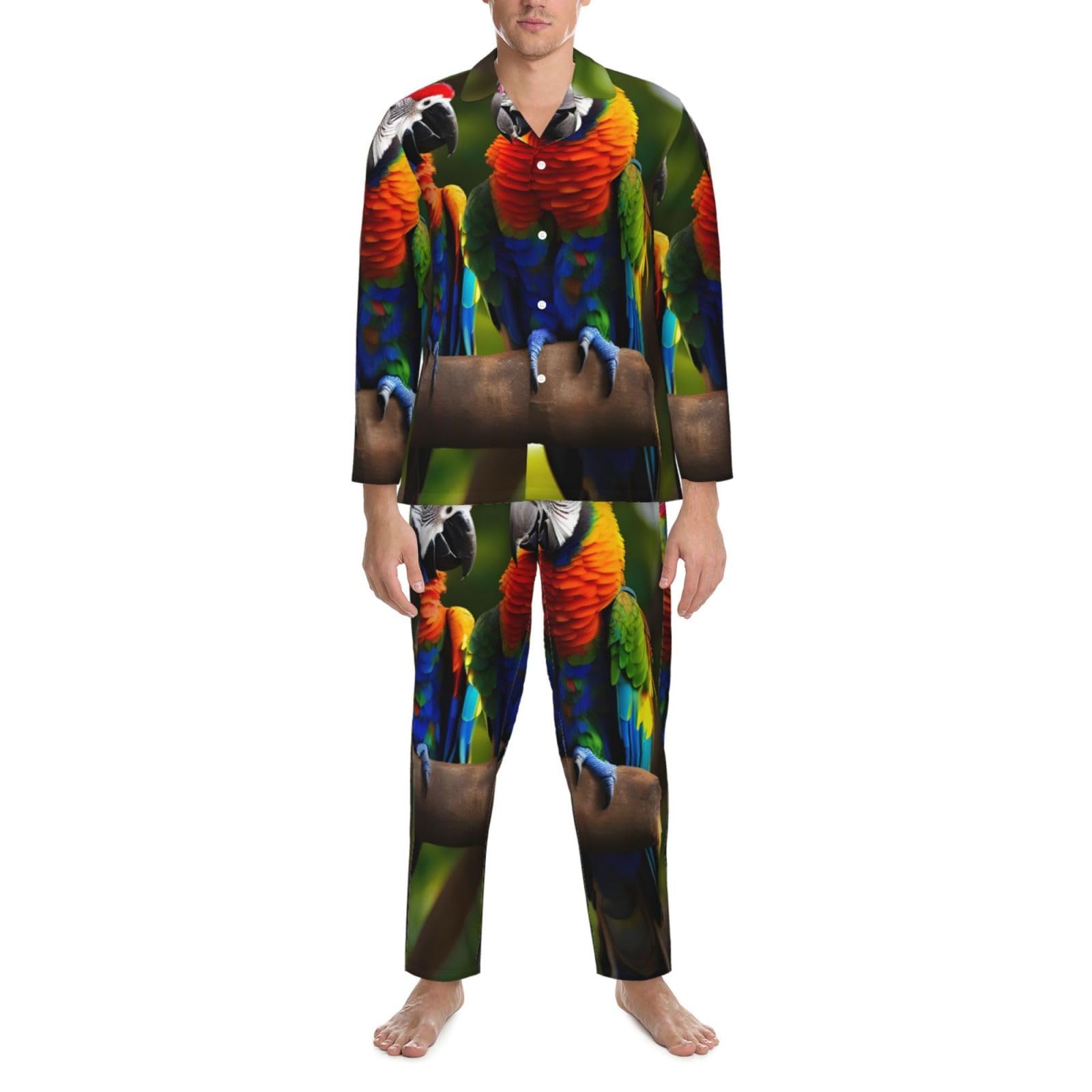 Herren-Pyjama-Set mit bunten Papageien auf Baum, langärmelig, zweiteilig, Hauskleidung, bequeme Nachtwäsche