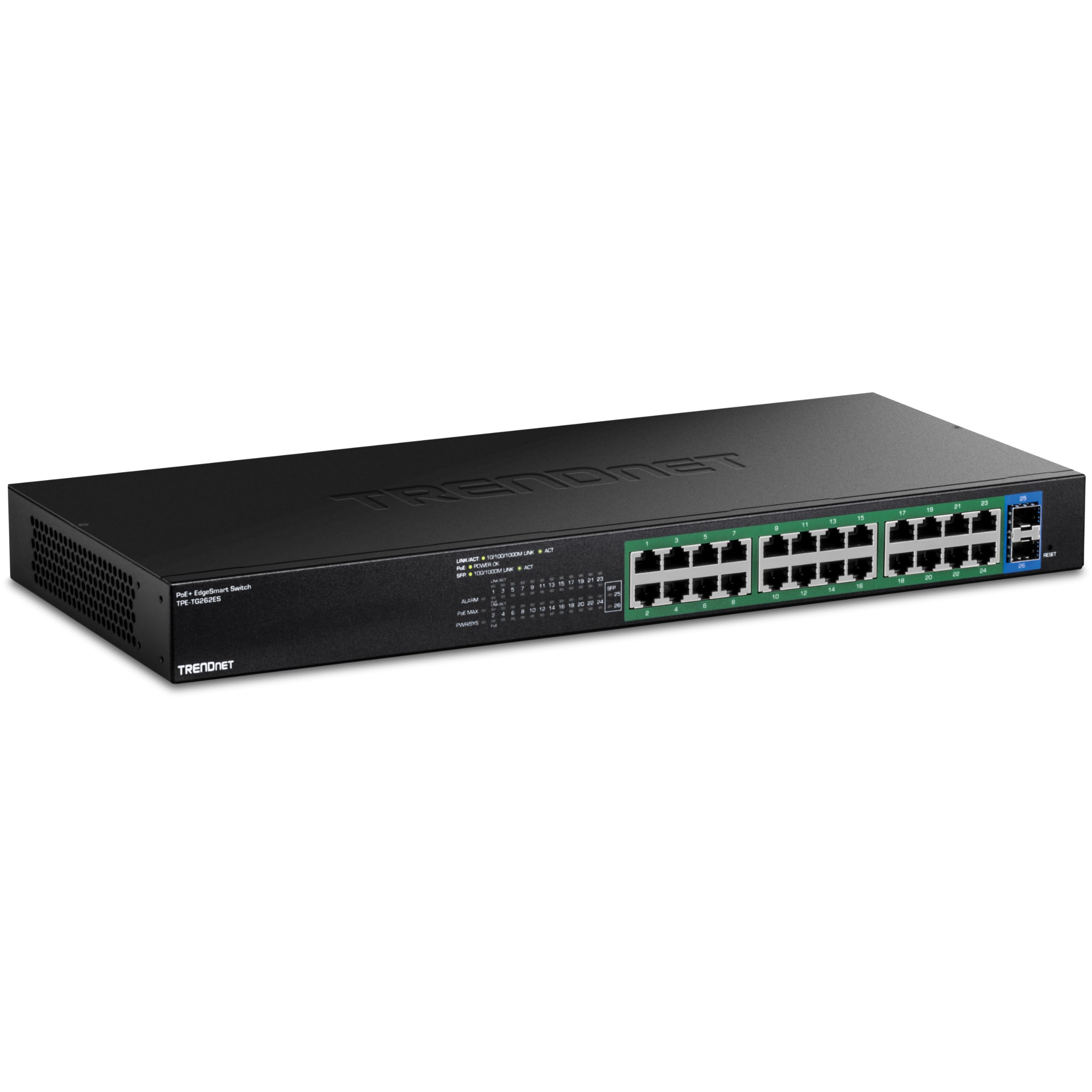 TRENDnet Gigabit EdgeSmart PoE+ Switch de 26 puertos, TPE TG262ES, 380W PoE de presupuesto de energía, 24 puertos Gigabit PoE+, 2 puertos Gigabit SFP, conmutador Ethernet de red gestionado, protección