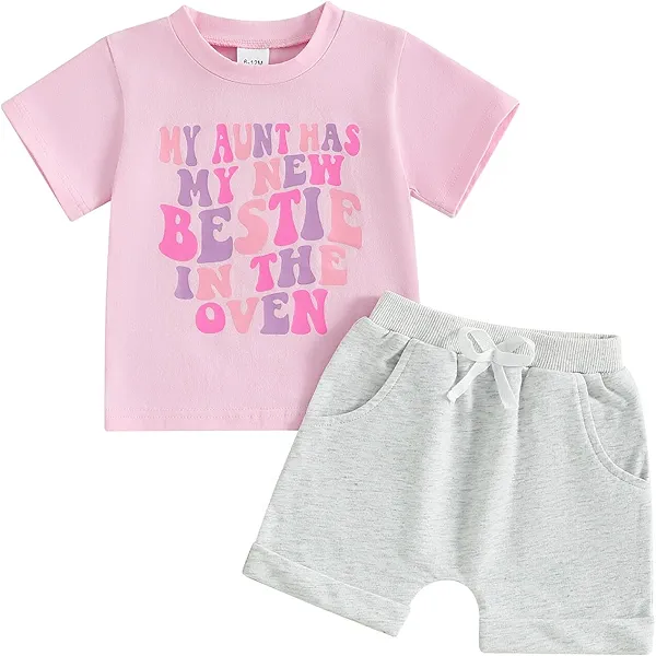 Kupretty Baby Girl Summer Clothes Letter Printed Short Sleeve T-shirt Tee Tops + Solid Shorts Toddler Clothing Set