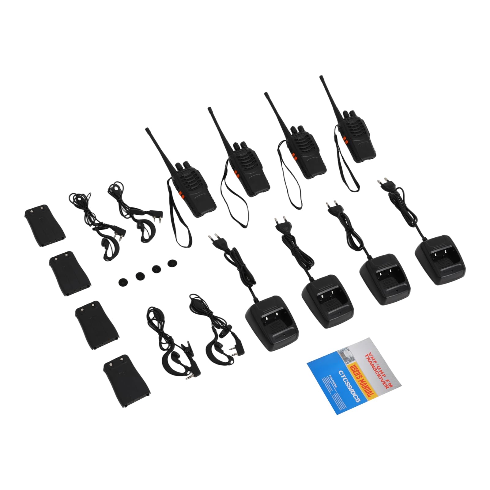 Walkie Talkie Funkgerät Set 10 Stück mit Kopfhörern Ladegerät 5km Reichweite 16 Kanäle 430 440MHz 3W Leistung 1500mAh Akku für Baustelle Hotel Camping Outdoor Teamarbeit (4 Einheiten)