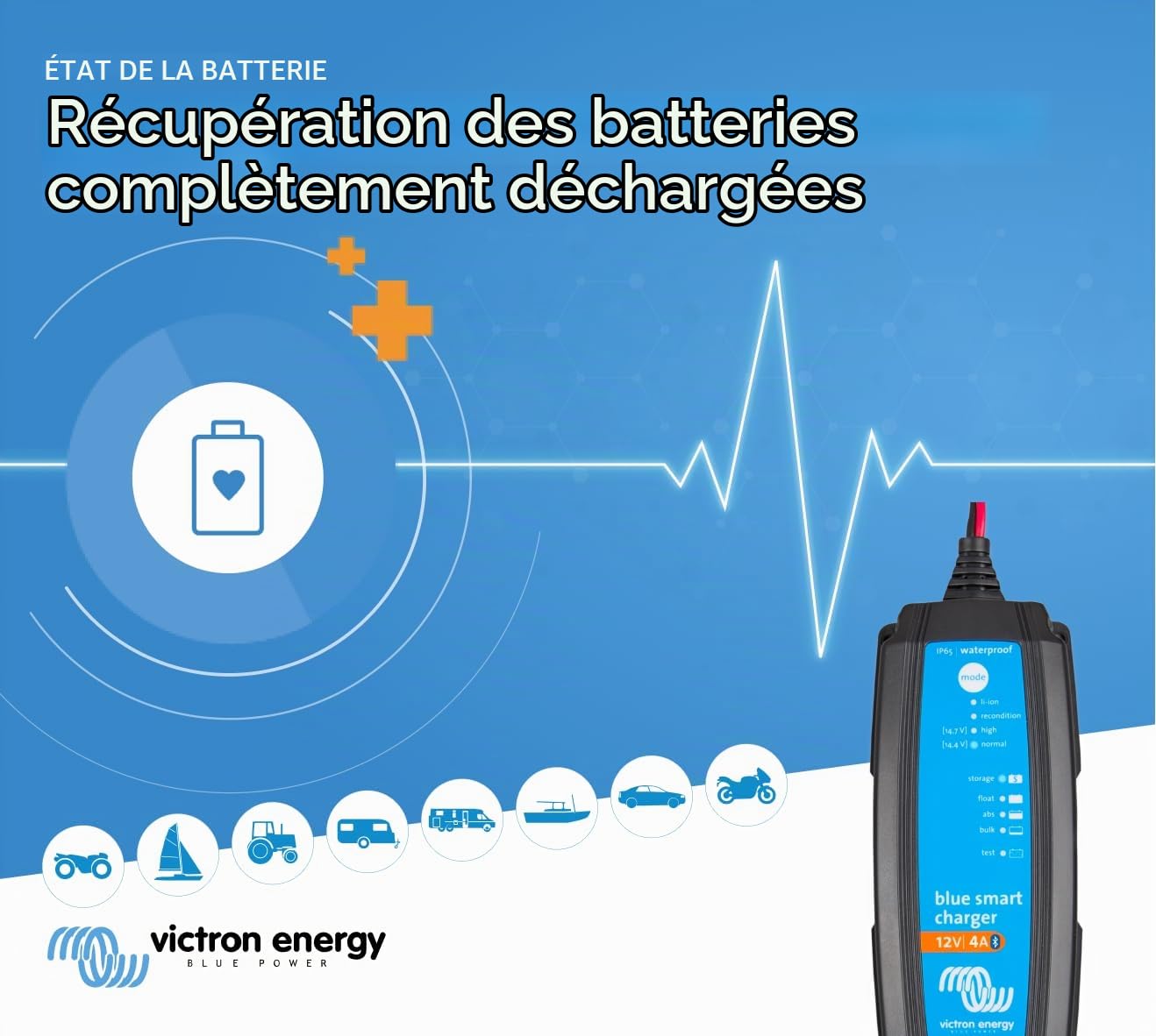 Victron Energy Blue Smart IP65 Chargeur de batterie de voiture intelligent 12 V 4 A, chargeur de batterie de voiture et désulfateur pour motos, VTT, RV, batteries au lithium et à décharge profonde