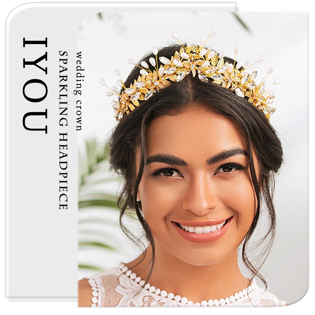 IYOU Bridal Wedding Headband Crown Gold Leaf Hair Bands Tiara Pearl Crystal Bridesmaid Bride Hair Accessories for Women - Image 3