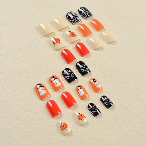 Miniatura 3 de Uñas postizas a presión de Halloween con diseños de calabaza, fantasma, Halloween, uñas postizas cortas de color naranja brillante, uñas cuadradas
