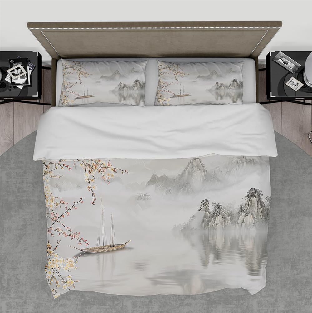 Housse de couette respirante 260x240 paysage chinois anti-glissement