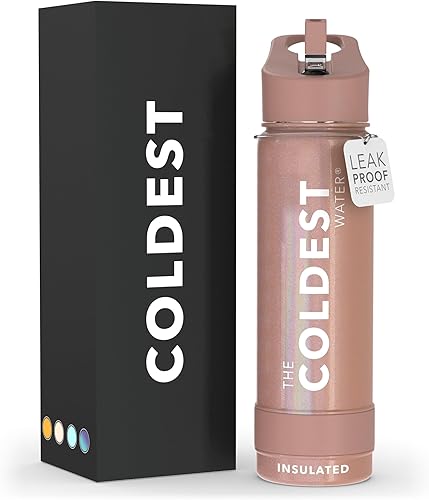 COLDEST Botella de agua deportiva de 24 oz (tapa con pajilla) a prueba de fugas de acero inoxidable con aislamiento al vacío para bebida fría o