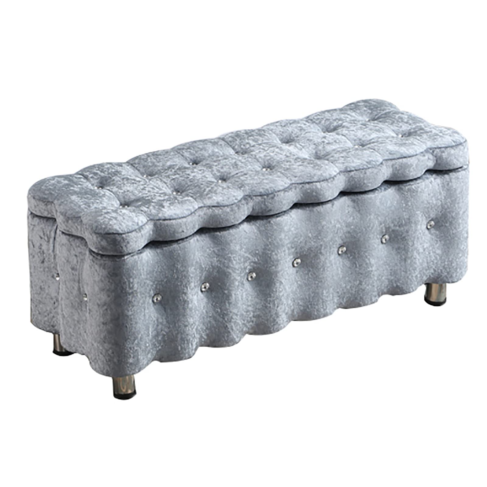 Banc de rangement en velours gris capitonné pour bout de lit et salon