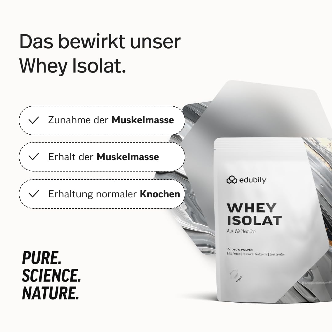 edubily® Whey Protein Isolat - Laktosefrei - Sehr gut lösliches Eiweißpulver ohne Kohlenhydrate & Zucker - Aus irischer Weidehaltung (750 g, Neutral)