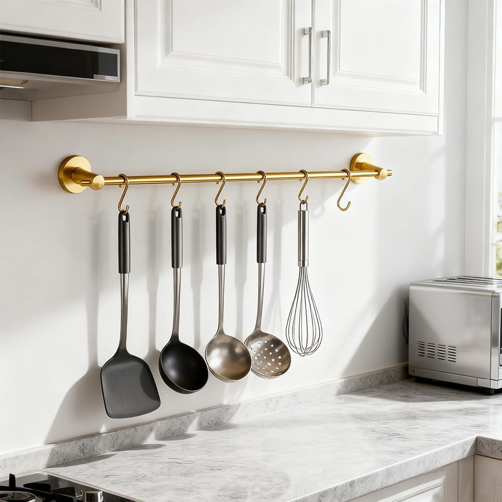 NEWRAIN Pot Rack Wall Mounted, 21 inch Hanging Pot and Pan Hanger, Stainless Steel Kitchen Rail Coffee Mug Rack with 10 S Hooks,Brushed Gold