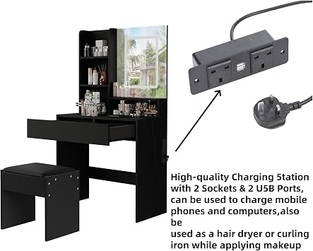 Dressing Table with Charging Station, Vanity Table with Adjustable Brightness Mirror, Makeup Desk with 2 Drawers and Open Shelves, Wooden Modern Bedroom Dresser, 80x40x138cm, Black-01
