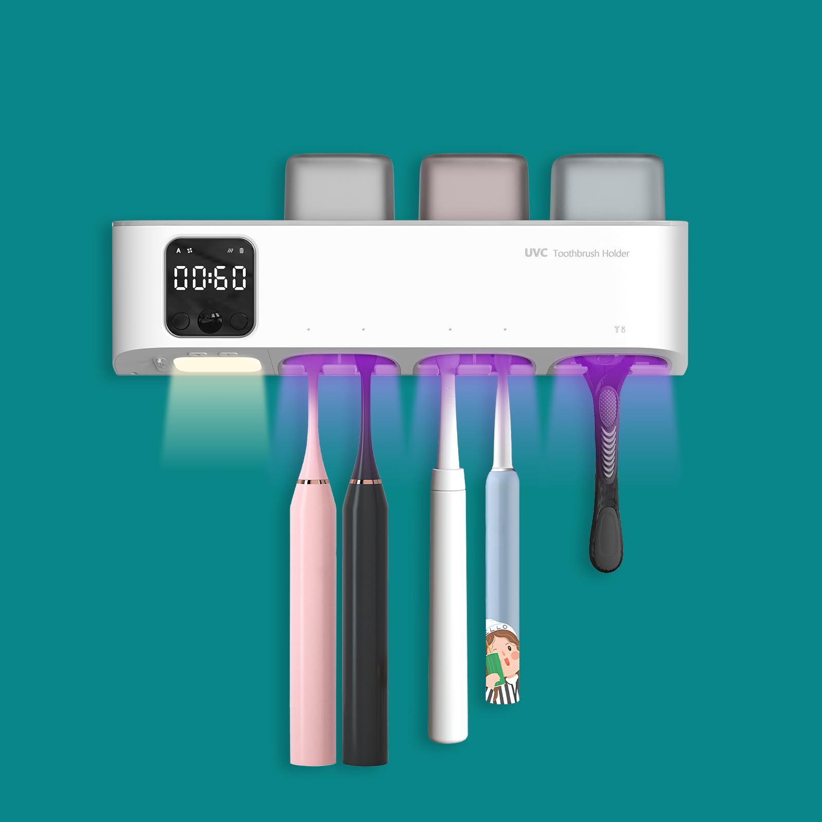 Homsmark UV sterilization Toothbrush Holders for Bathrooms Toothbrushes and 3 Cups in Separate Space, Intelligent Human Body Sensor Stop and Night Light, Automatic Timer, Fits All Toothbrushes