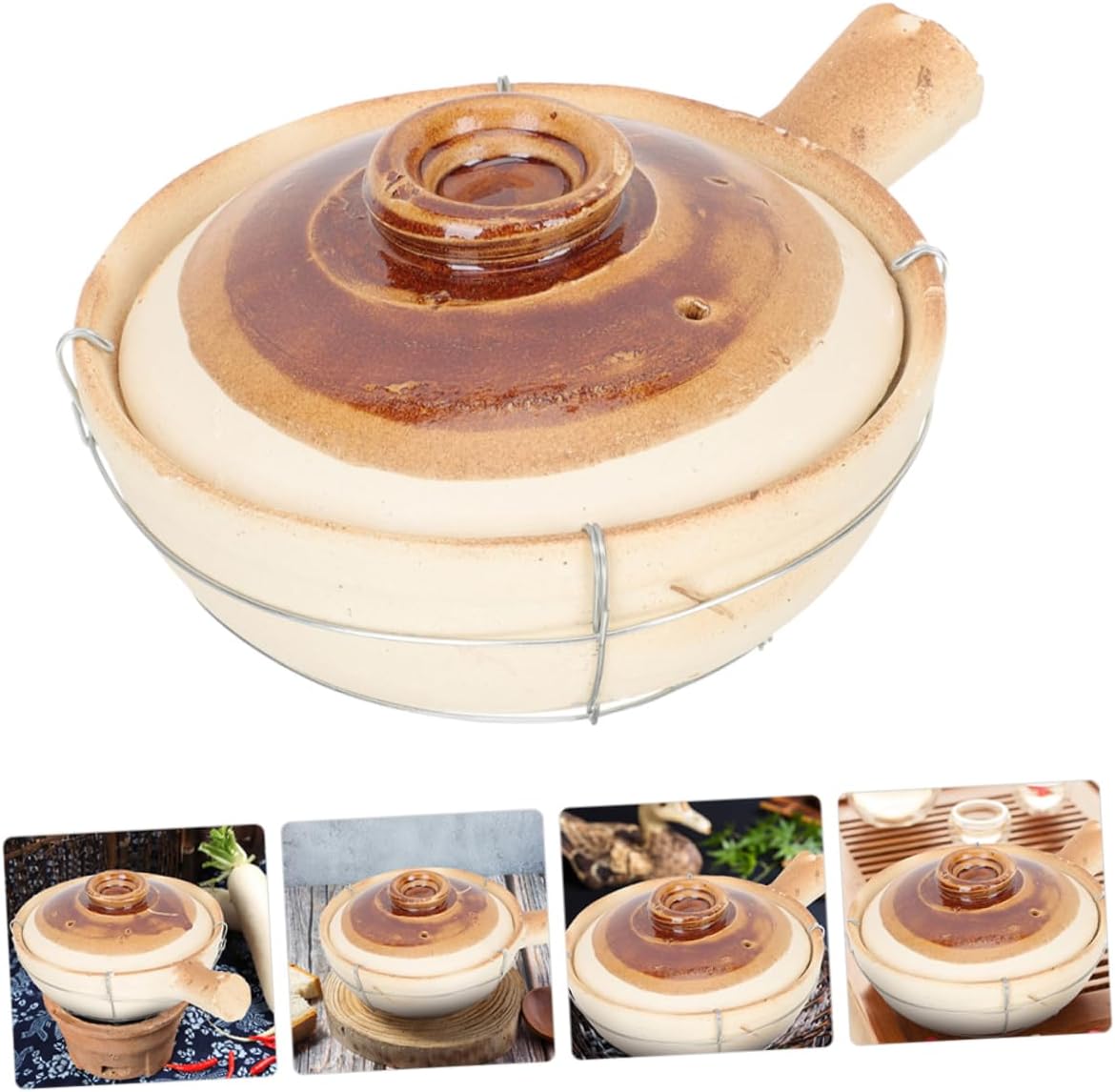 Small Handheld Pottery Clay Casserole Pot with Steam Vent Lid Heat Resistant Kitchen Cookware for Stew Cooking Nonstick Surface Traditional Earth Kiln Fired for Even Heat Transfer