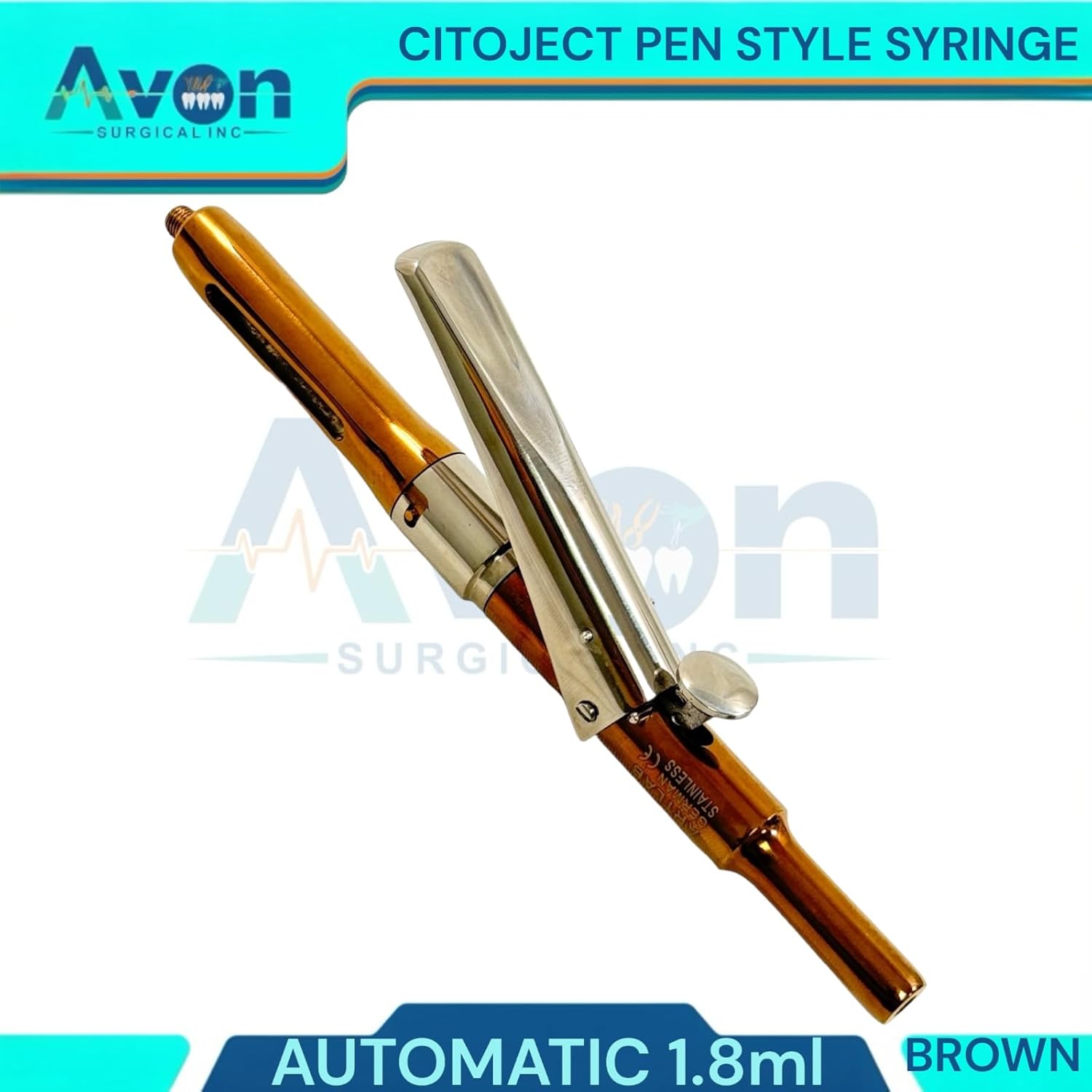 Set of 2pcs - Dental Antesthetic Pen Style Citoject Syringe, 1.8mL Capacity, Blue + Brown Color - German Stainless Steel, Autoclave-Safe