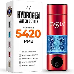 EVOLV Gerador de garrafa de água de hidrogênio – Ionizador de água SPE e PEM 5,4 PPM, maior concentração de H2 – Garrafa de água hidrogenada portátil de 227 g – Máquina de água de hidrogênio à prova