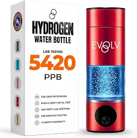 EVOLV Gerador de garrafa de água de hidrogênio – Ionizador de água SPE e PEM 5,4 PPM, maior concentração de H2 – Garrafa de água hidrogenada portátil de 227 g – Máquina de água de hidrogênio à prova