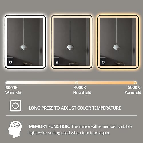 Miniatura 5 de TheiaMo Espejo de baño LED, espejo rectangular de 32 x 24 pulgadas, espejo de pared antivaho con luz cálida  natural  blanca ajustable de 3 colores,