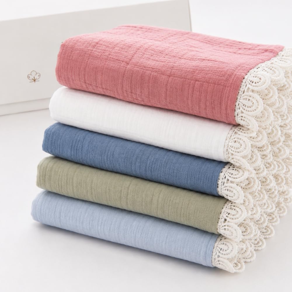 TIMMY&TAMMY Organic Muslin Cotton Wash Cloths, Soft, Absorbent, Thick 4-Layer, Everyday Hankies/Napkins/Face Towels for Kids,10x10in, Washable Baby Wipes, Classic Lace, Pack of 5-image-33