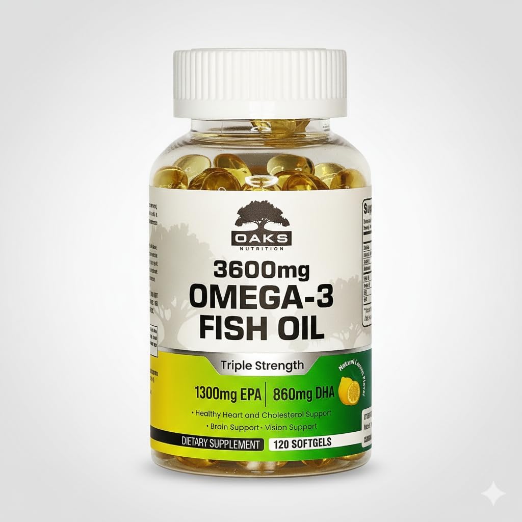 Omega 3 Fish Oil 3600mg | Triple Strength Burpless Softgels | 2160mg Omega-3s with 1300mg EPA & 860mg DHA | Ultra Purified, Wild Caught, Lemon Flavor, 120 Softgels, 60 Day Supply