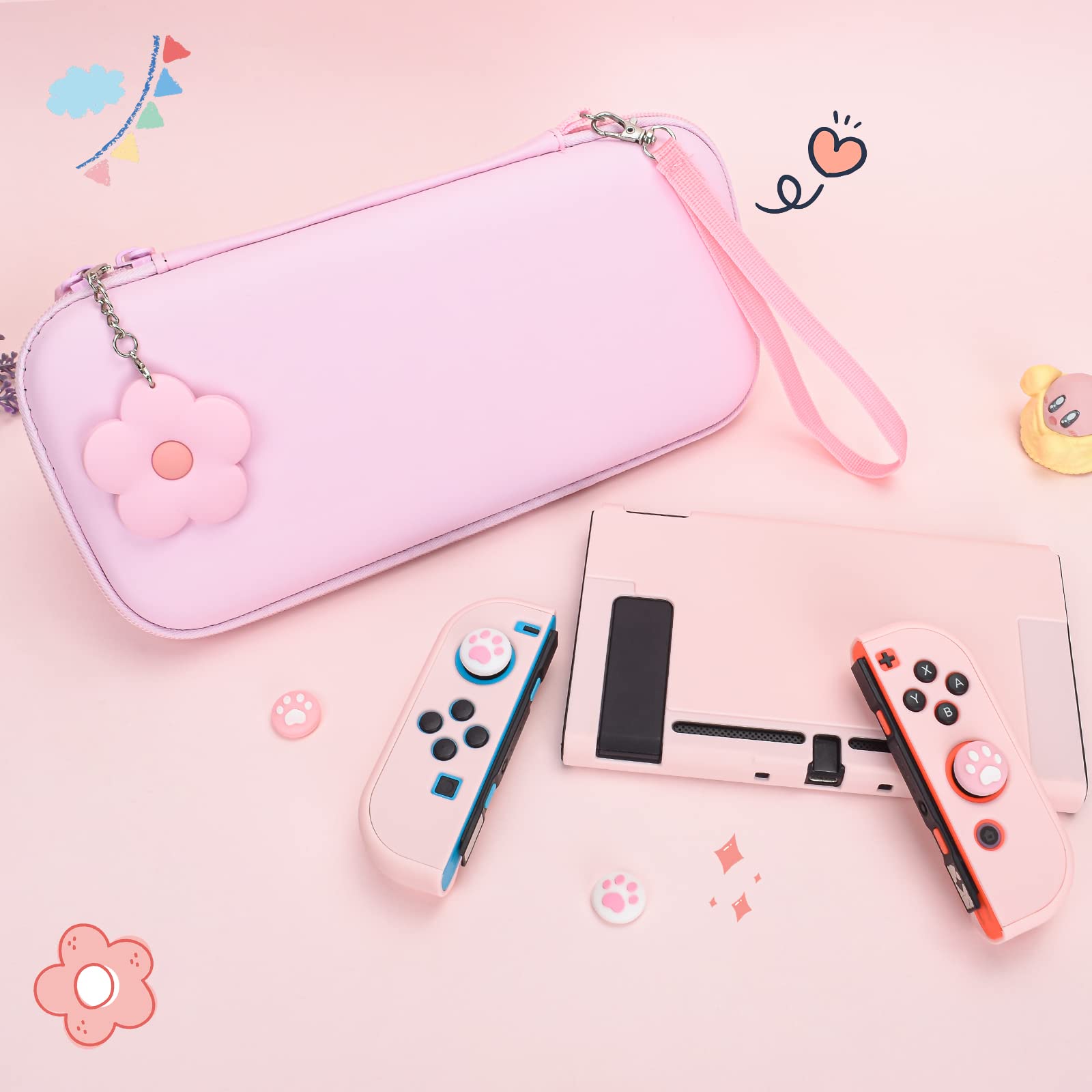 DLseego Custodia da Trasporto per Switch,Custodia da Viaggio con Guscio Protettivo Dockable,4 Coperture con Impugnatura per Il Pollice e 1 Grazioso Ciondolo a Forma di Fiore,Rosa