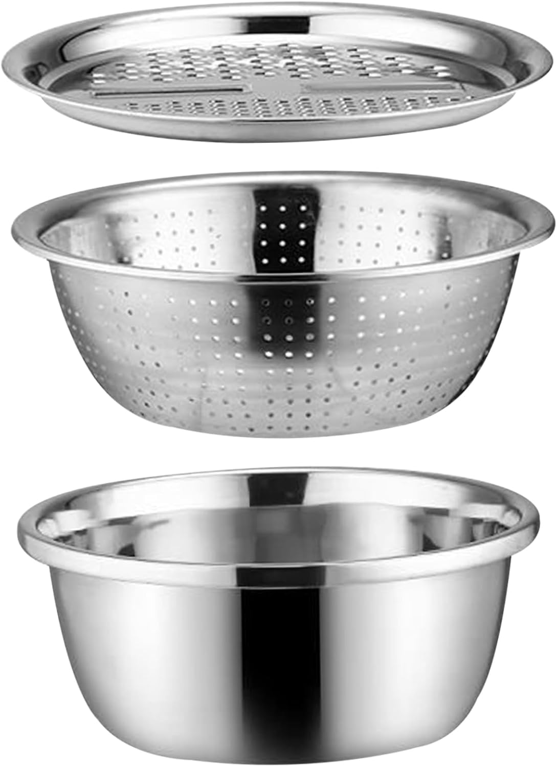 Multifunctional Stainless Steel Basin 3Pcs, 3 in 1 Stainless Steel Basin, Colander and Grater, Drain with Mixing Bowl ＆ Slicer for Cooking, Prepping, Food Storage. Food Strainers