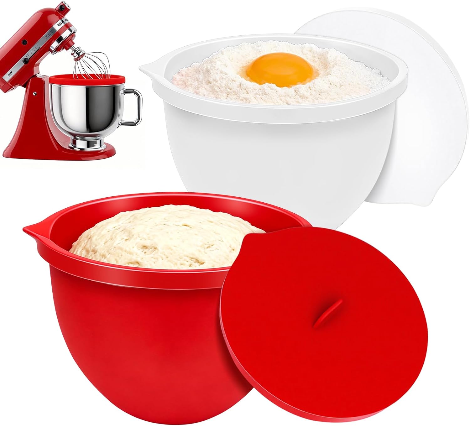 Dreamtop Silicone Bowl Liners for KitchenAid 5-Qt Stand Mixer - Mixing Bowl Inserts with Lids, Set of 2 Non-Stick Reusable Prep & Storage Containers