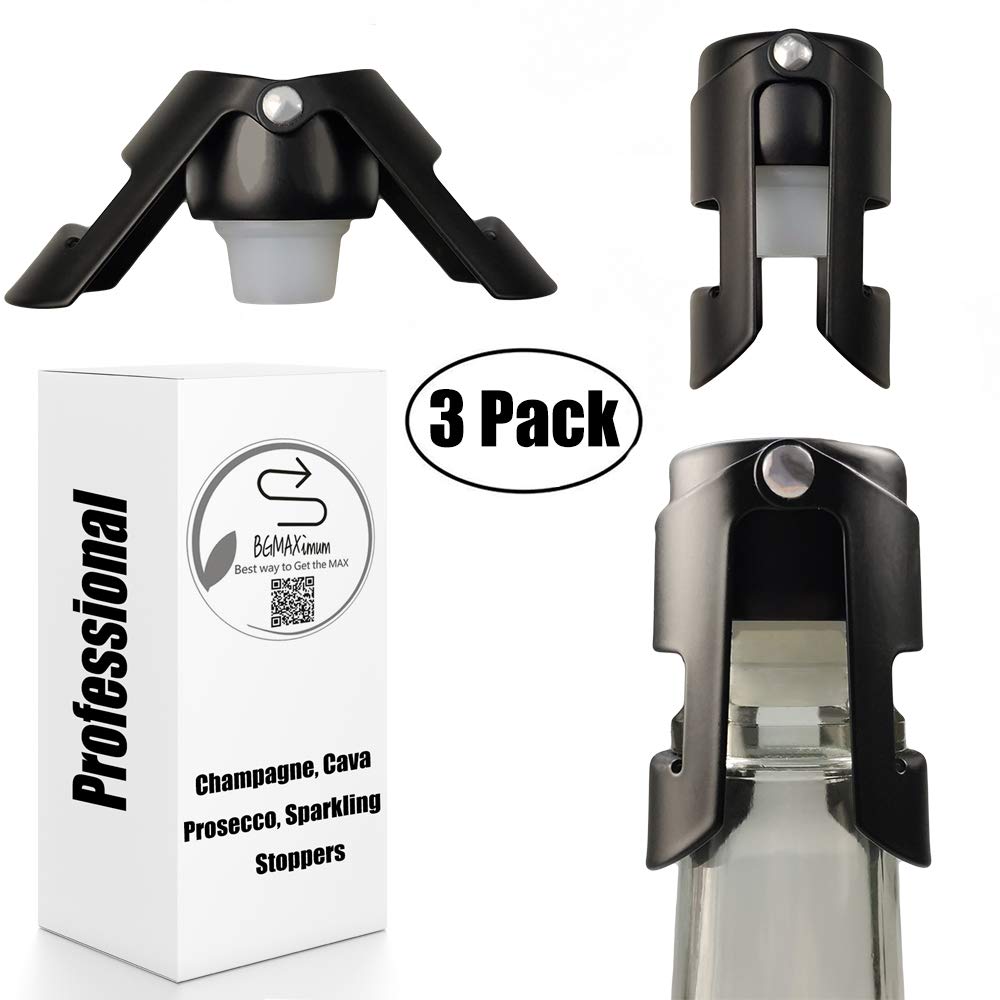 Black Champagne Sealer Stopper, BGMAXimum 3 Pack Stainless Steel Sparkling Wine, Cava, Prosecco & Champagne Bottle Cork with a Longer Sealing Plug, Champagne Gifts Accessories