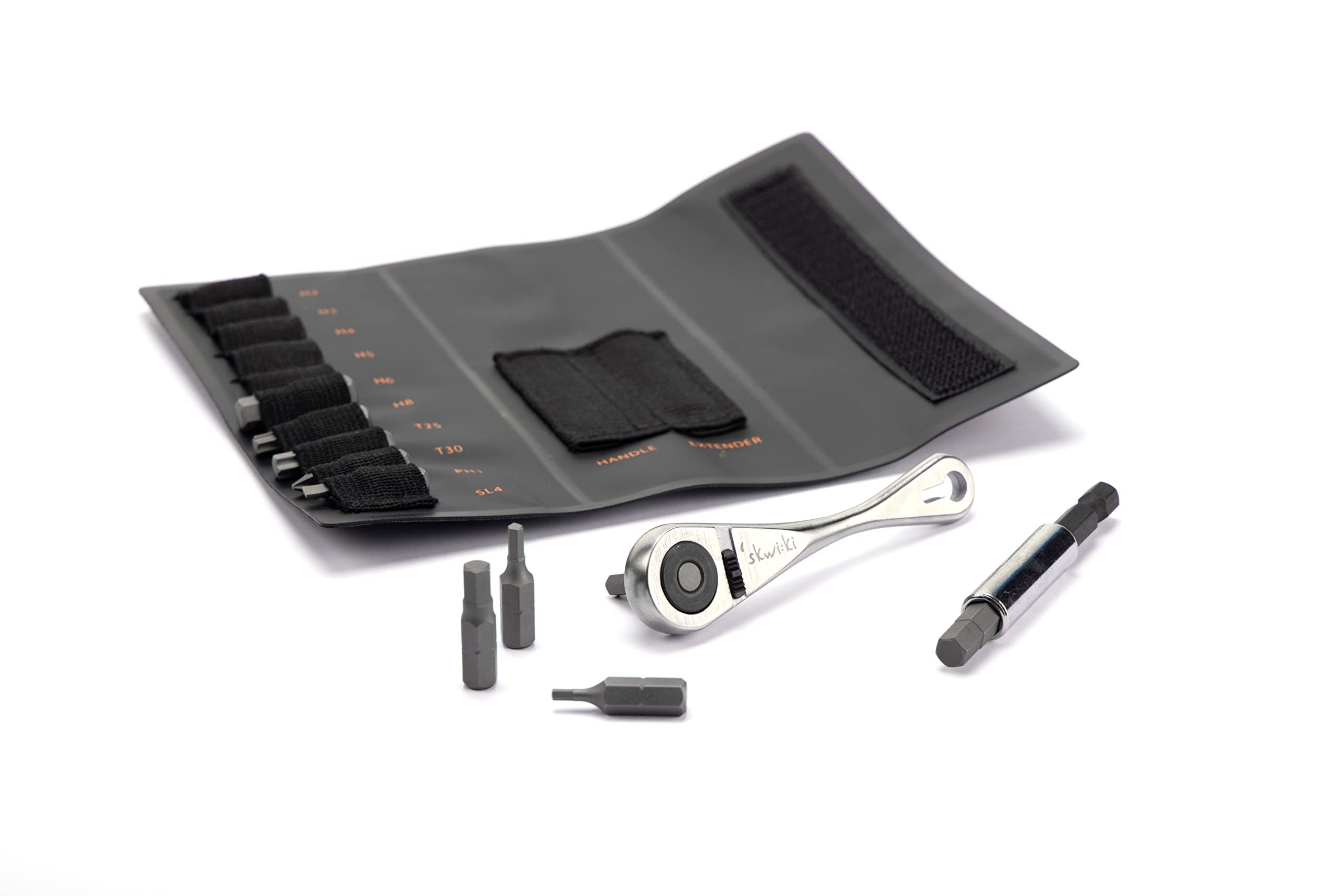 Skwiki Bike 10 Tool Bits Ratchet Wrench, 2 Ways Ratchet, Magnetic Bit extender, Multi-Functional to Meet The Most Purposes of Bike Repairing and Maintenance. With Sleek And Strong Storage Bag