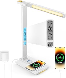 LáMpara De Escritorio Led Regulable Con Reloj - Usb Recargable De Forma InaláMbrica, LáMpara Mesa TáCtil Regulable Con 3 Colores Y 5 Niveles Brillo, Hora, Temperatura, Lectura FuncióN Memoria (Blanco)