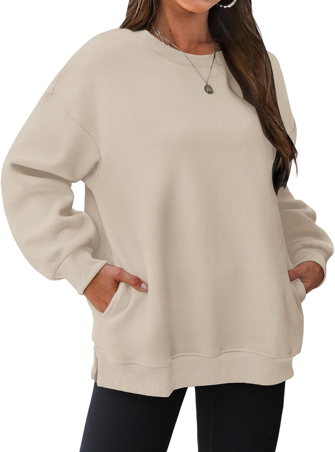 Sweatshirts for Women Crewneck Long Sleeve Pullover Tops Fashion Side Slit Casual Tee Solid Loose Blouse with Pockets