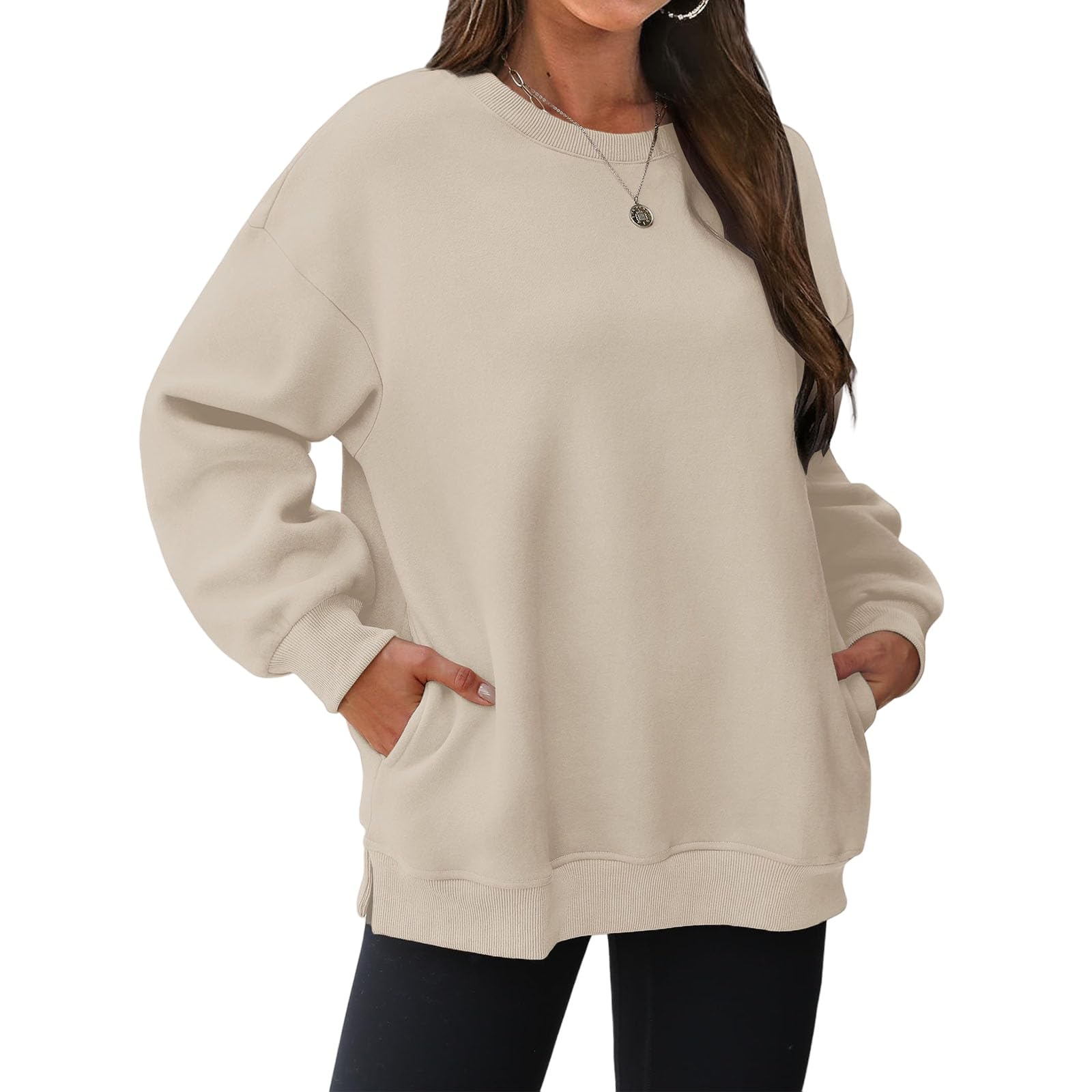 Oversized Crewneck Sweatshirts for Women Soft Fleece Long Sleeve Casual Cute Pullover Top Comfy Fall Clothes Pocket