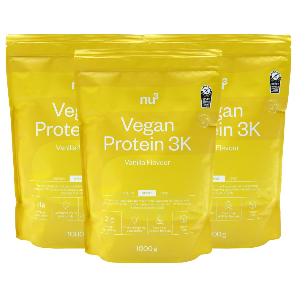 nu3 vegan Protein 3K Vanille 1 kg - Protein-Powder, pflanzlich, laktosefrei, ohne Soja, zuckerarm, gelatinefrei, aspartamfrei, cremig, Eiweißpulver für Muskelaufbau, Training & Alltag - 3x1000 g