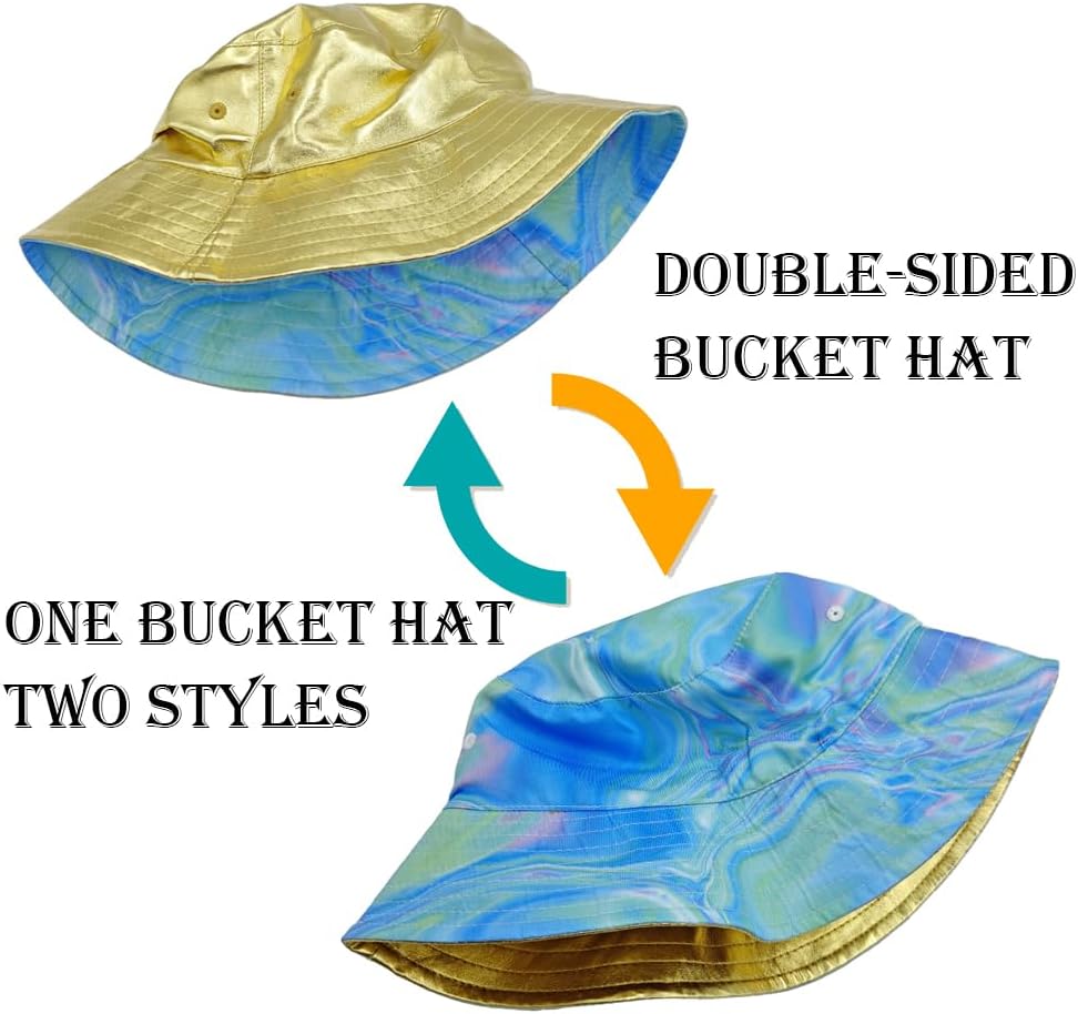 Retro 80s 90s Hip Hop Costume Kit 8 Pieces Faux Gold Sets Reversible Bucket Hat Cosplay Party Accessories for Men Women - Image 2