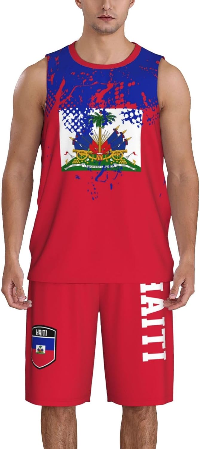 Haiti Flag Grain Basketball Jersey Uniform Suit for Men Adults Training Athletic Set