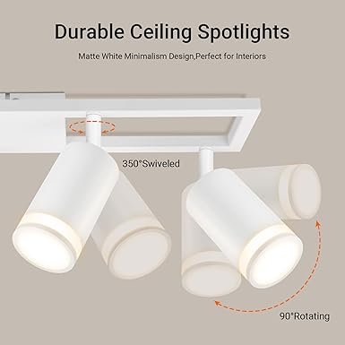 Dehobo Led-plafondspots, 4 lampen, wit, GU10, zwenkbaar, 450 graden, plafondspots voor keuken, slaapkamer, woonkamer, geen lampen photo 3