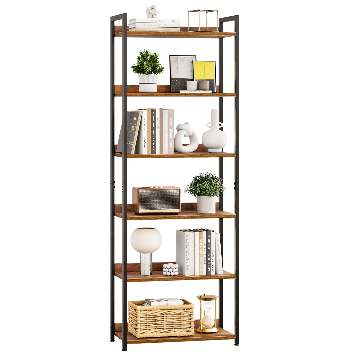 APPOLYN 6 Tier Bookshelf, Home Office Bookcase Shelf Storage Organizer, Floor Standing Storage Shelving Unit for Bedroom, Living Room and Home Office, Rustic Brown