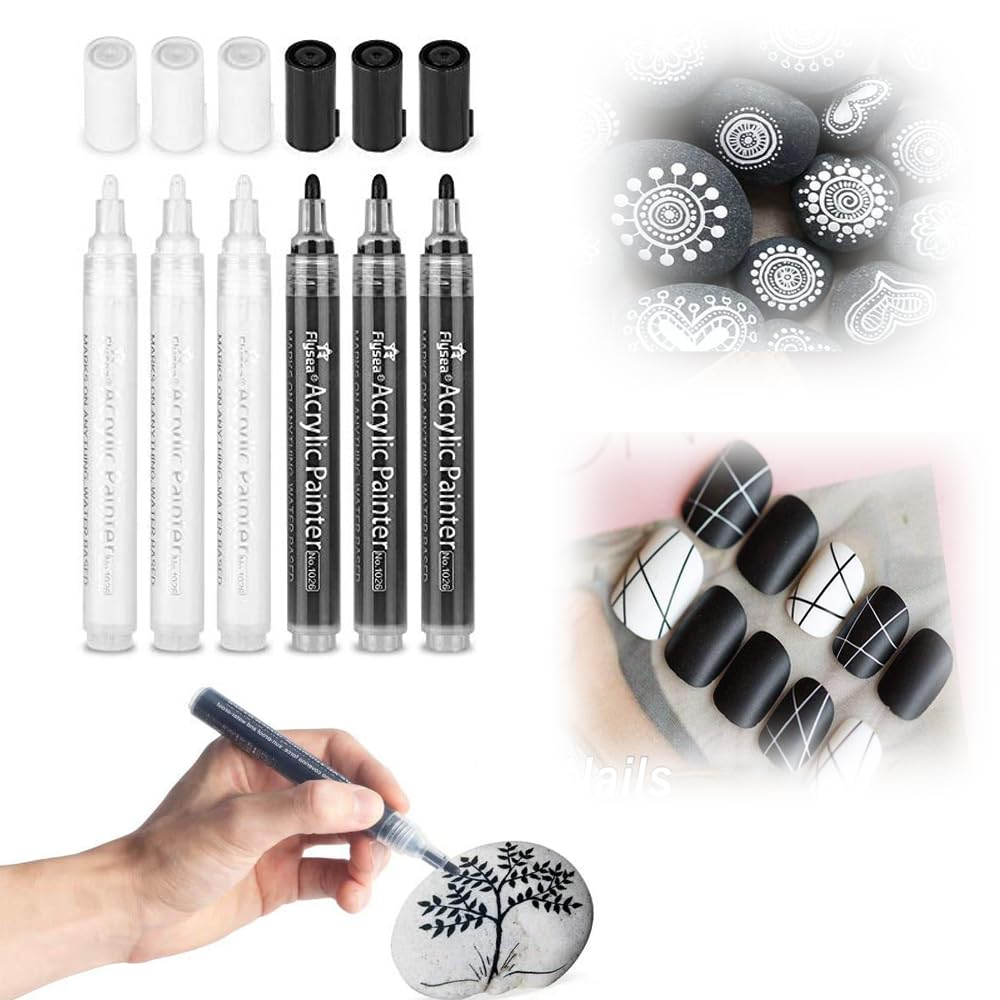 Black White Paint Pens, 6 Pack Acrylic Black White Permanent Markers, Acrylic Paint Pens for Rock Painting Stone Ceramic Glass Wood Plastic Glass Metal Canvas Water-based Extra Fine Point