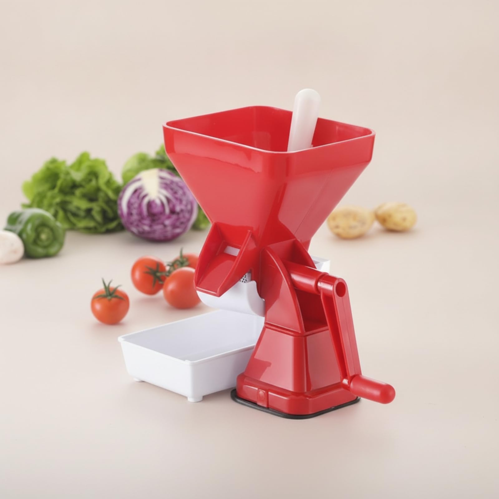 Exprimidor de Tomates Manual Licuadora Colador con Suave y Tolva Rectangular con Empujador Estructura Estable de PP PVC Apto para Cocina Casera Encimera Conservas
