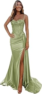 Satin Lace Applique Prom Dresses with Slit Sweetheart Pleated Corset Mermaid Long Evening Gowns 2025 - Buy now
