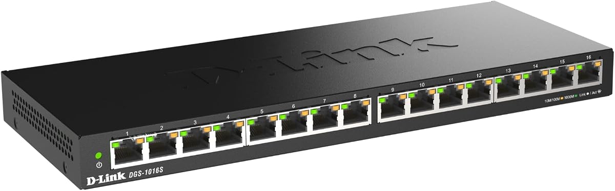 16 Port Gigabit Ethernet Unmanaged Slim Switch, Sturdy Metal with Shielded Ports, Silent Fanless, QoS, Plug and Play, Compact Desktop/Wall Mount, Flow Control, Energy Saving, Black (DGS-1016S)