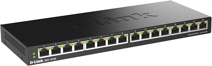 D-Link DGS-1016S - Switch Gigabit 16 Puertos, sin gestión, 1000 megas por Puerto, Plug&Play, Perfil bajo, Carcasa metálica, sobremesa/pared, sin Ventiladores, 802.1p QoS, 802.3az EEE