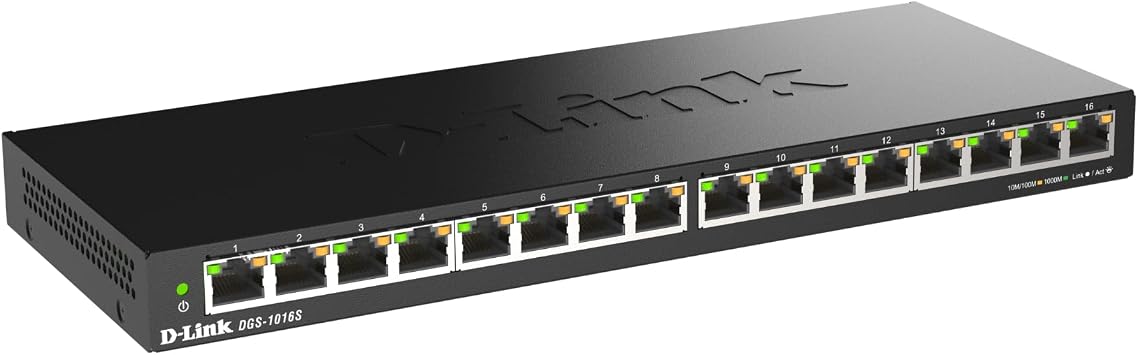 D-Link 16 Port Gigabit Ethernet Unmanaged Slim Switch, Sturdy Metal with Shielded Ports, Silent Fanless, QoS, Plug and Play, Compact Desktop/Wall Mount, Flow Control, Energy Saving, Black DGS-1016S