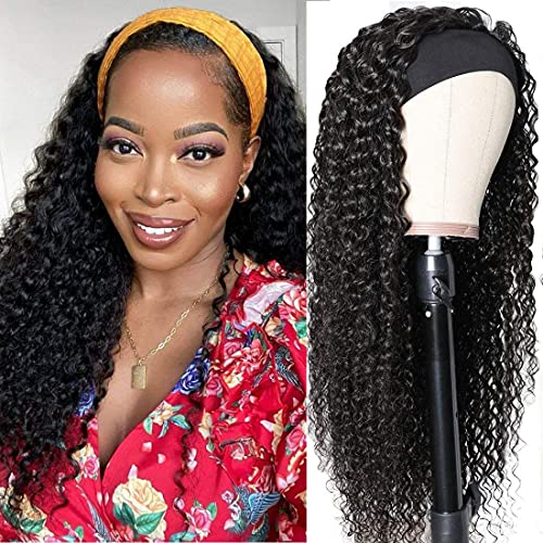 Headband Wig Kinky Curly Human Hair for Black Women, 18 Inch Kinky Curly Human Hair Half Wig with Headband Attached Brazilian Virgin None Lace Front Wig Curly Headband Wig