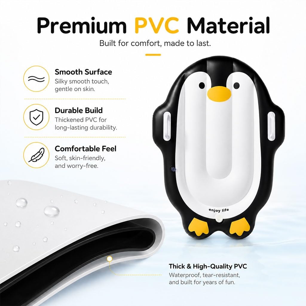 Flotador De Piscina Inflable Pingüino con Dobles Asas, Balsas De PVC De Inflado por Presión, 110 X 70 Cm