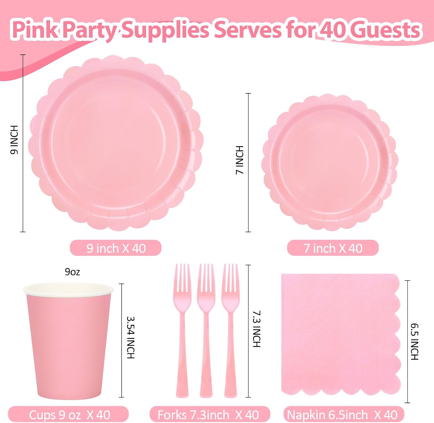 200Pcs Light Pink Party Plates and Napkins, 9’’and 7’’ Disposable Scalloped Pink Paper Plates Cups Napkins Forks Set Party Supplies for Birthday, Baby Shower Bridal Shower Party Decorations, Serves 40