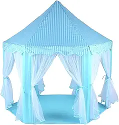 Barraca Infantil Castelo, Tenda Dobrável com Luzes, Tecido Oxford, 130x130x100cm, Casinha Toca Iluminada, para Crianças (AZUL)