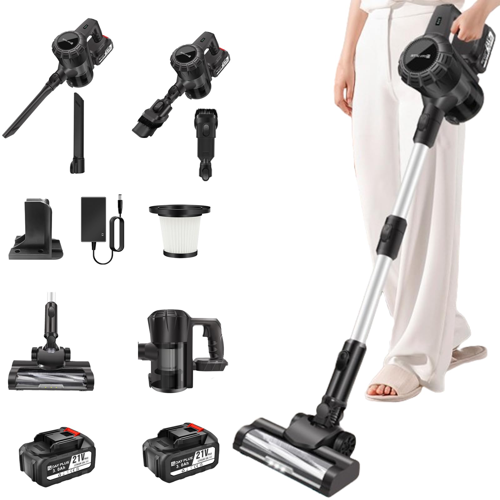 6 IN 1 Cordless Vacuum Cleaner 160W 15000PA Powerful Stick Vacuums & Electric Brooms with LED, 3000mAh Rechargeable Battery, Self-Standing Lightweight Handheld Vacuum for Pet Hair/Carpets/Floors, Grey
