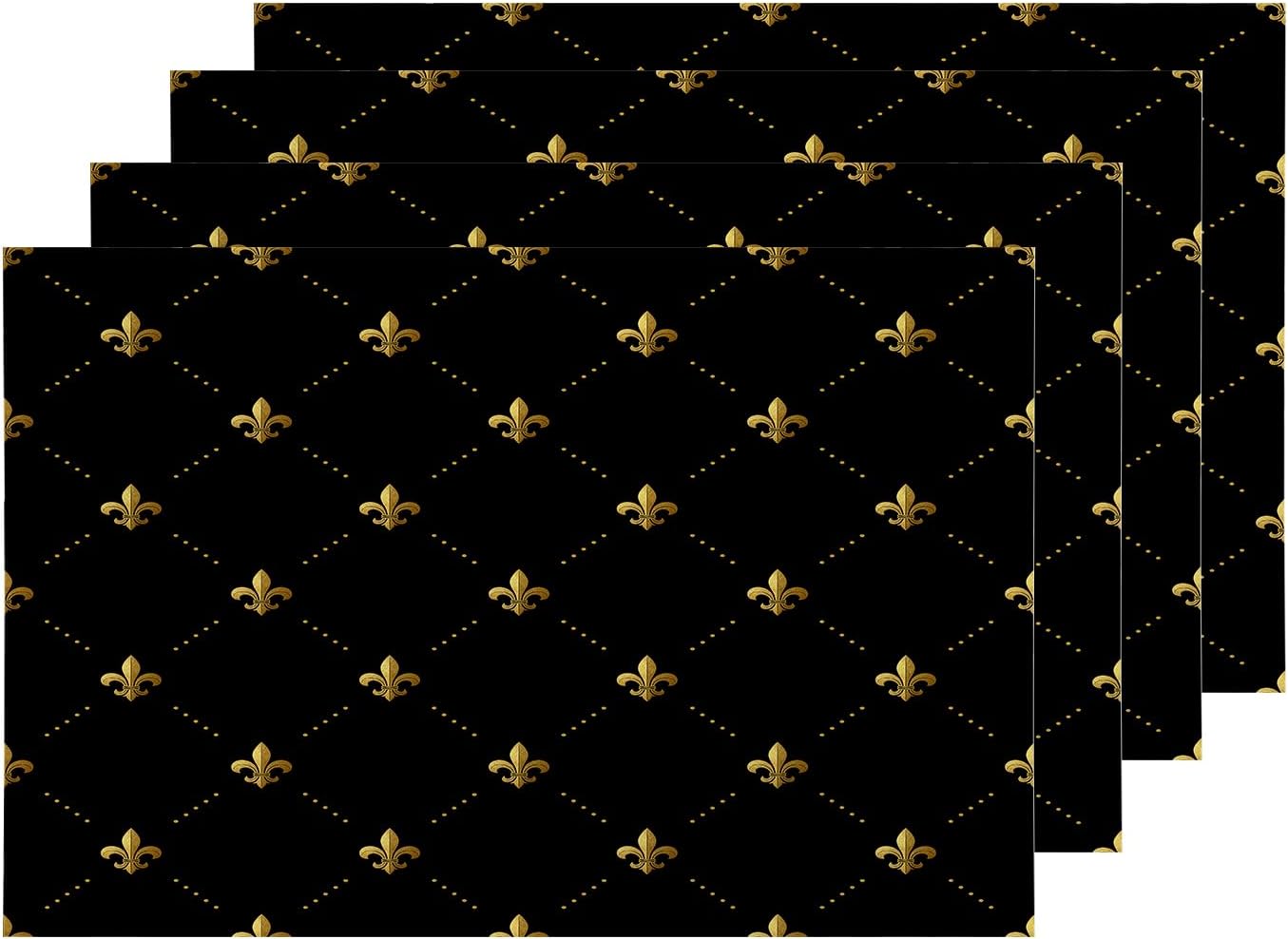 Shrahala Black French Fleur De Lis Placemats, Golden Pastoral Flowers Table Mat Linen Burlap Washable Double-Deck Heat Insulation for Dining Table Kitchen Table Set of 4 (12 x 18 inch)
