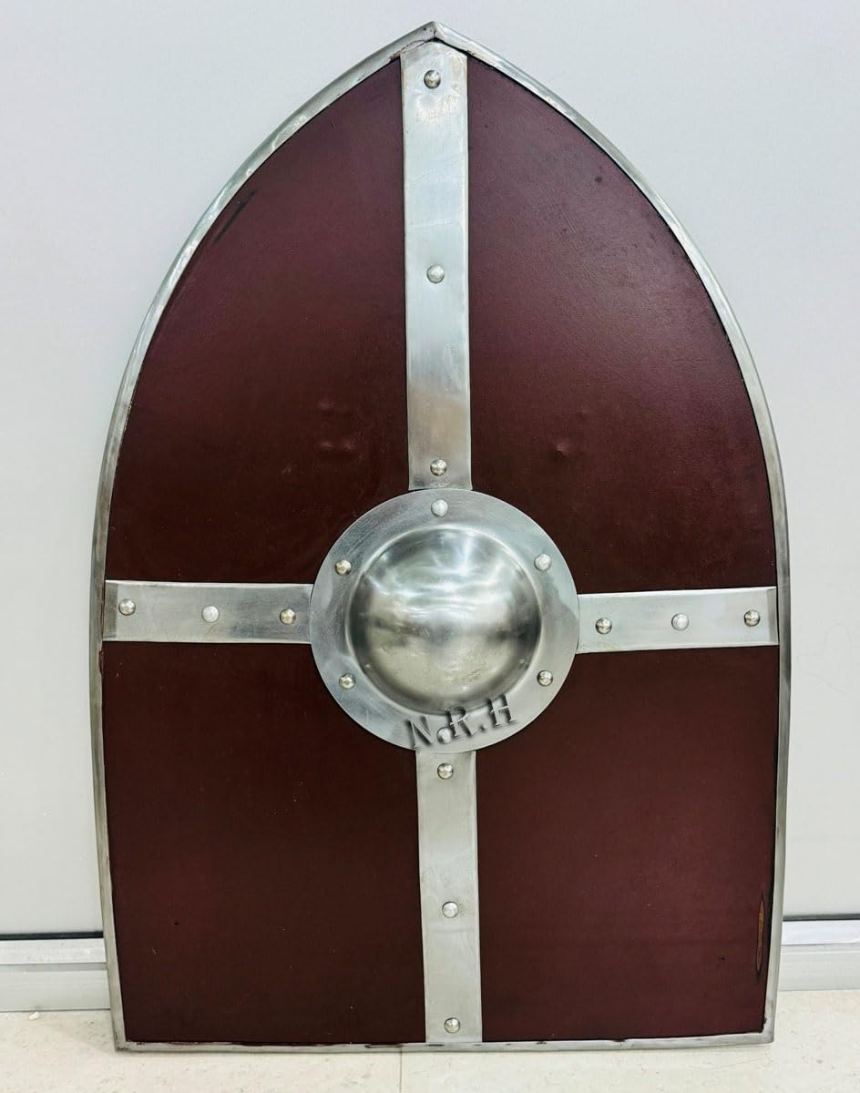 Nautical Replica Hub Hand-Forged Gothic Layered Steel Cross Shield Medieval Battle Armor Wooden Rustic Vintage Home Decor Gifts