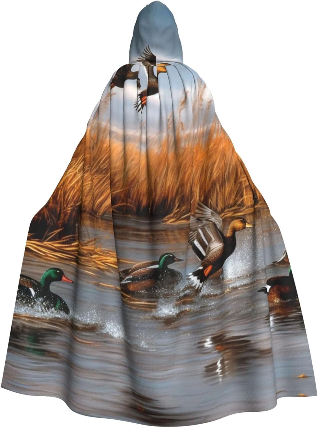 (Hunting Flying Wild Duck) Halloween Hooded Cape Full Length Cloak with Hood Cosplay Robe for Costume Party