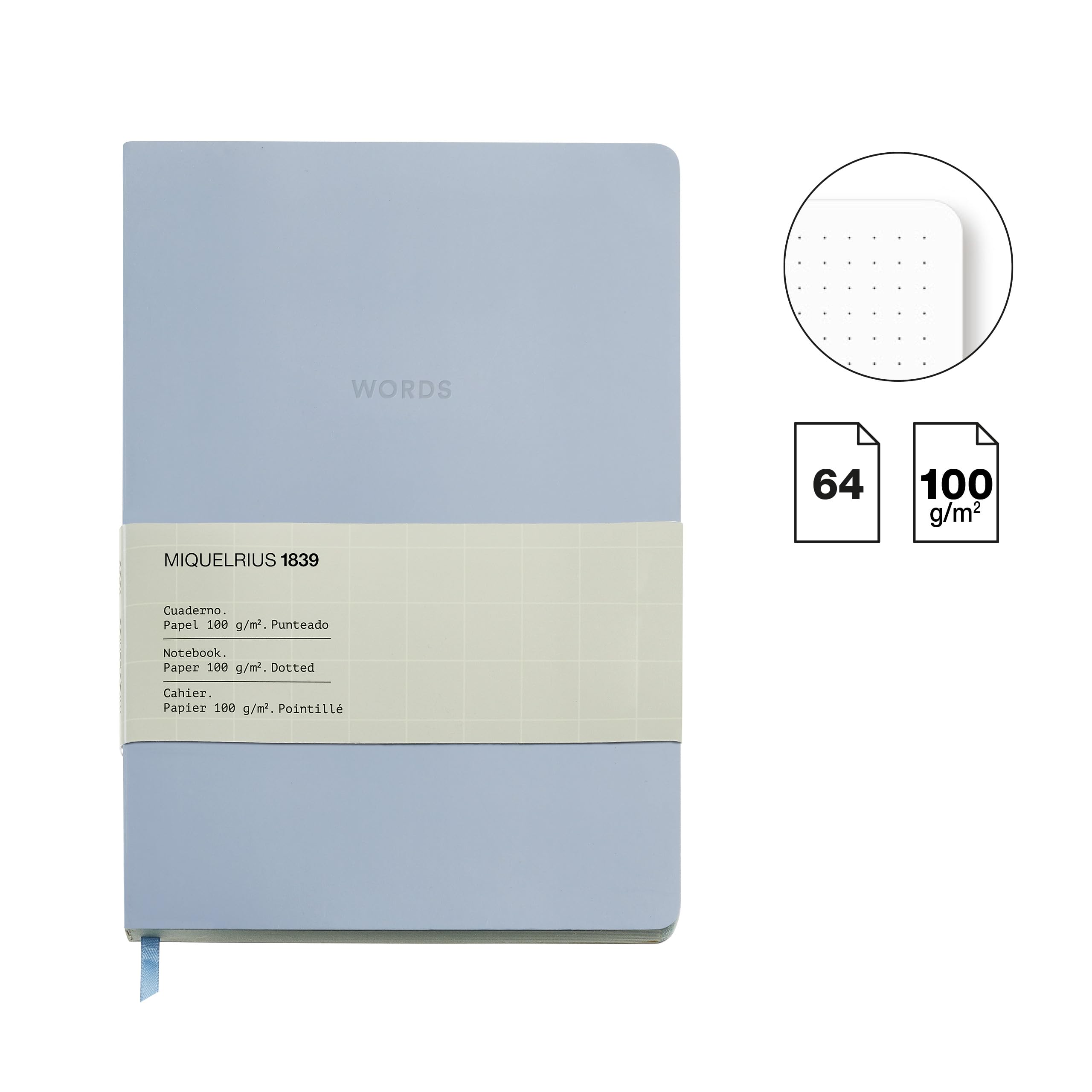 Miquelrius - Notatnik w formacie A5 (148 x 210 mm), wewnątrz kropkowany, 64 białe kartki 100 g/m², okładka z tektury wyściełanej, w stylu bullet journal z kropkami (kropki), kolor niebieski