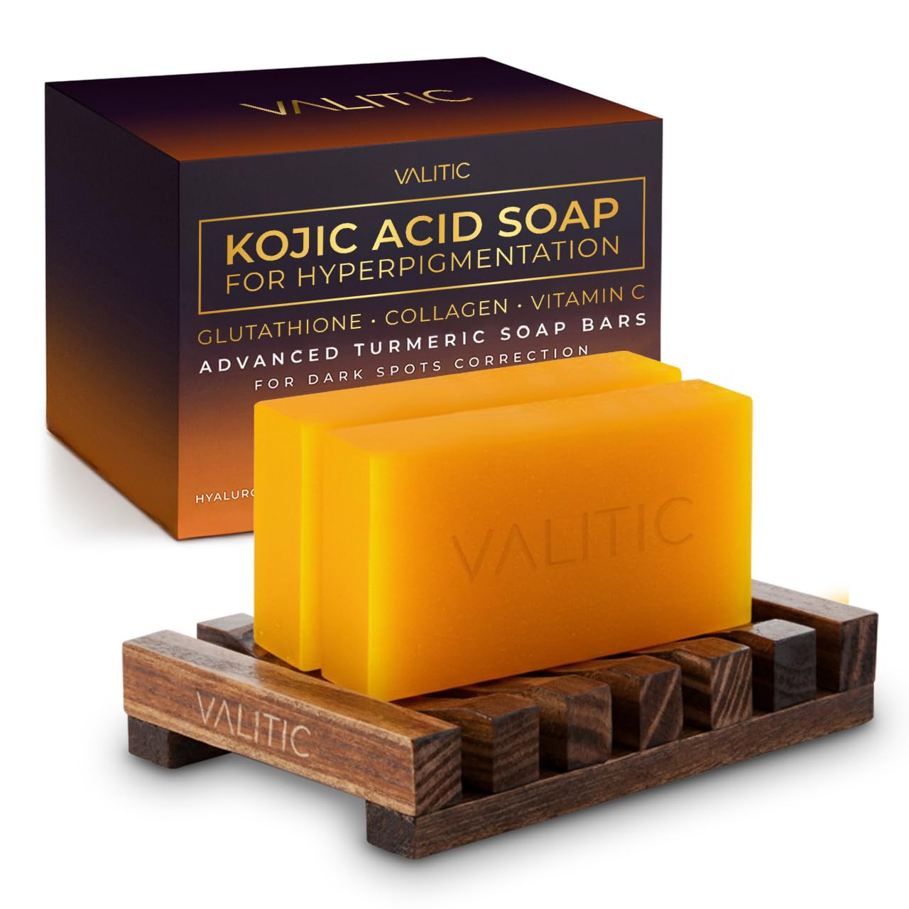 VALITIC Kojic Acid Soap for Hyperpigmentation - with Glutathione, Collagen & Vitamin C - Natural Soap Bars with Turmeric - Original Japanese Complex for Dark Spot Correction - 2 Pack + Holder